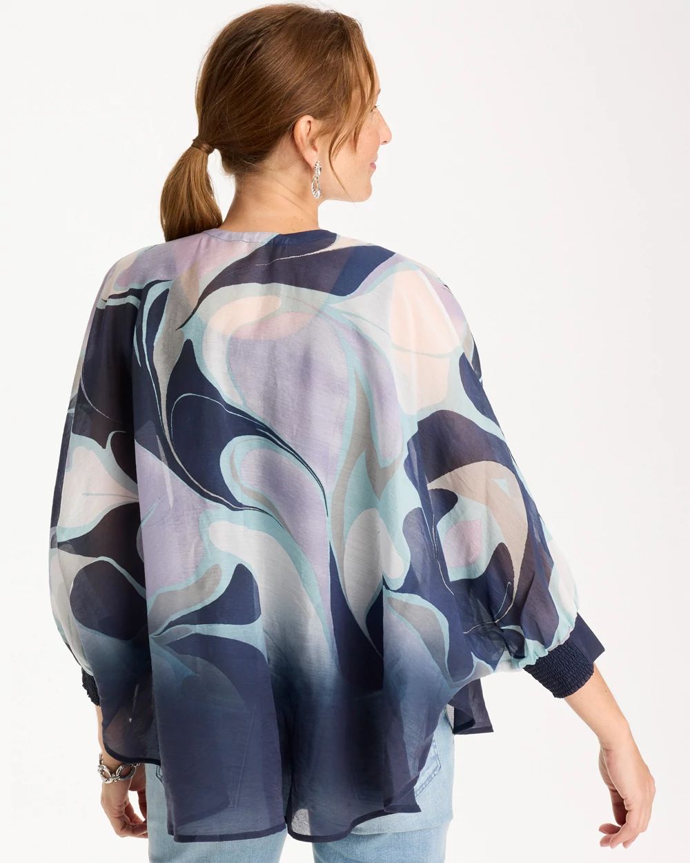 【きなこ様】SUNA'E Design Pocket Cocoon Denim Woven Printed Cocoon Ruana | Chico's